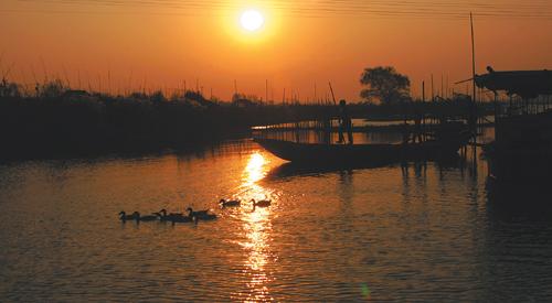 Wufu Wetland of Zhutang Town is beautiful in the sunset