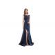 Split Luxury Dark Blue Arabic Evening Dresses Women Forging And Lace Fabric