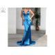 Green Sling Long Blue Mermaid Dress Deep V Neck Backless Stretch Satin Fabric