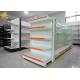 White Color Supermarket Steel Racks Glass Shelf Advertising Upright