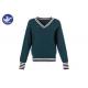 Dark Green Ribs Womens Knit Pullover Sweater Stripes in V Neck , Cuff And Welt