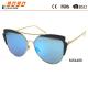 Women's fashionable sunglasses with metal  frame, blue lens UV400