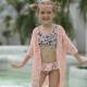 Split Girls Swimming Suits Pink Printed Children'S Swimsuit Lace Shawl Three Piece Bikini