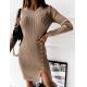 Long Sleeved Stylish Ladies Dress Button Sexy High Slit Dress Solid Color
