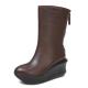 S030 Women's boots round toe thick-soled cowhide mid-tube simple women's wedge heel zipper leather Martin boots