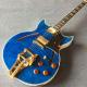 High quality Jazz Electric Guitar with Bigsby, Ebony Fingerboard, Guitar Quilted Maple Trans-Blue burst color