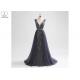 Long Tail A Line Ball Gown Navy Blue V Neck No Arm Backless Heavy Beading Tulle