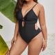 Hollow Plus Size One Piece Swim Suits Black V Neck One Piece Bikini Curvy Swim Wear