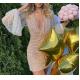 Small Quantity Apparel Factory Ladies Long Balloon Sleeves 100% Poly Sequins Beading V Neck Dress