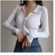                  Lapel Slim Top Women′s Hollowed out Button Sexy V-Neck Long-Sleeved Polo Neck Knitted Cardigan Sweater Women′s             