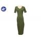 V Neck Short Sleeves Summer Womens Knitted Dresses Green Ribs Design Viscose Nylon