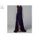 Navy Blue Long Bridesmaid Dresses High Slit Decorative Border Zipper Elastic