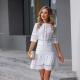 Vintage Cut Out White Ladies Lace Dresses Ruffled Puff Sleeve