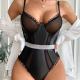 PU Stitching Ladies Sexy Lingerie Sets Mesh Conjoined Silver Belt Lace Lingerie