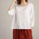 White 45% Rayon Ladies Casual Tops Cuffed Sleeves Linen Round Neck Shirt