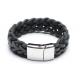 Womens Black Woven Leather Cord Bracelet with Stainless Steel Clasp