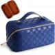 Portable Travel Cosmetic Bag Plaid Checkered Waterproof With Handle And Divider