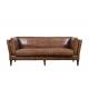 Simple Loft Style Compact 3 Seater Brown Leather Couch Wood Legs Long Service Life