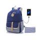 Canvas Stripe Kids School Backpack Built In USB Charger Customized Logo