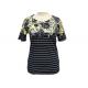 Ladies Casual Round Neck Shirt Shot Sleeves Allover Disperse Printing Stripe And Flowers