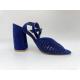 Square Toe High Heel Sandals Navy Soft Nubuck Genuine Leather Sandals For Ladies