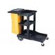 Black Plastic Cleaning Cart with 3 Shelves and Yellow Vinyl Bag 4'' Non - Marking Casters and 8 Rear Wheels