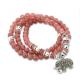 Women 6mm Strawberry Quartz Beads 3 Rows Strand Bracelet with Silver Charm (042861W)