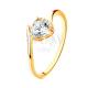 9K Gold Ring, Heart Cut Zircon In Clear Colour Gripped Between Bent Ends Of Shoulders, Decorated Mount