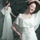 White Chiffon Lotus Leaf Neck Elegant Evening Dresses TSJY038