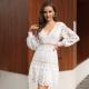 V-neckline puff long sleeves cotton-blend lace overlay casual dress Newest women's lace dresses
