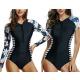 Women Floral Stripe Swimwear Rash Guard Swimsuit Long Sleeve Bikini Bathing Suit