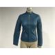 Mandarin Collar Teal Pleather Biker Jacket For Womens Tw76349
