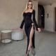 Long Sleeved Package Hip Dress Sexy Hottie Halter Waist Dress Black Tight