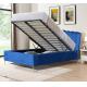 Blue Velvet Fabric Ottoman Gas Lift Storage Bed With Four Golden Feet