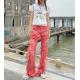 Straight Fashion Casual Pants Pink Plain Pattern Cotton Material