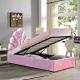 Pink Upholstered Double Bed Gas Lift Up Bed Frame Plywood Foam Fabric Customized
