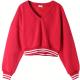 Fashion Women'S Drop Shoulder Sweatshirt ,  V Neck Crop Top Pullover Red Black