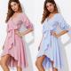 Asymmetrical Gathered Sleeve Surplice Wrap Pinstripe Dress For Women