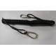 Retracted black coil lanyard with customized attachments on two ends for tools safety