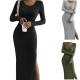 2024 Autumn and Winter New Long sleeved Round Neck Split Knitted Long Dress for Women