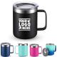 Customized Brand Print Logo  12 OZ Stainless Steel Coffee Mug With Lid Handle Stainless Steel Travel Tumbler Cup