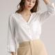 Split Cuff Simple V Neck White 100% Linen Women'S Shirt