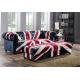Velvet Union Jack Three Seater Leather Sofa Hand Work Craft Fabric Buttons