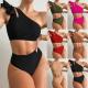 One Shoulder Ruffled Two Piece Bikini Solid Color Split Sexy Swimsuits For Women