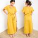 Paloma Mustard Short Sleeve Button Down Slit Maxi Linen Dress