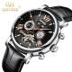 KINYUED J017-2  Silver Case Leather Strap Complete Calendar  Skeleton Automatic Mechanical Wristwatches relogio masculin