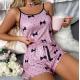 Spring Summer Sexy Bodysuit Lingerie Satin Ice Silk Strapped Printed Split Casual Nightwear