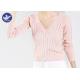 Vertical Transparent Stripes Womens Knit Pullover Sweater Pink Double V Neck Top