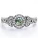 Art Deco Twisted Shank 0.58 Carat Round Cut Natural Transparent Moss Green Agate and Moissanite Milgrain Halo Engagement