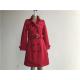 Red Ladies Wool Coat , Melton Trench Coat With Self Fabric Belt / Contrast